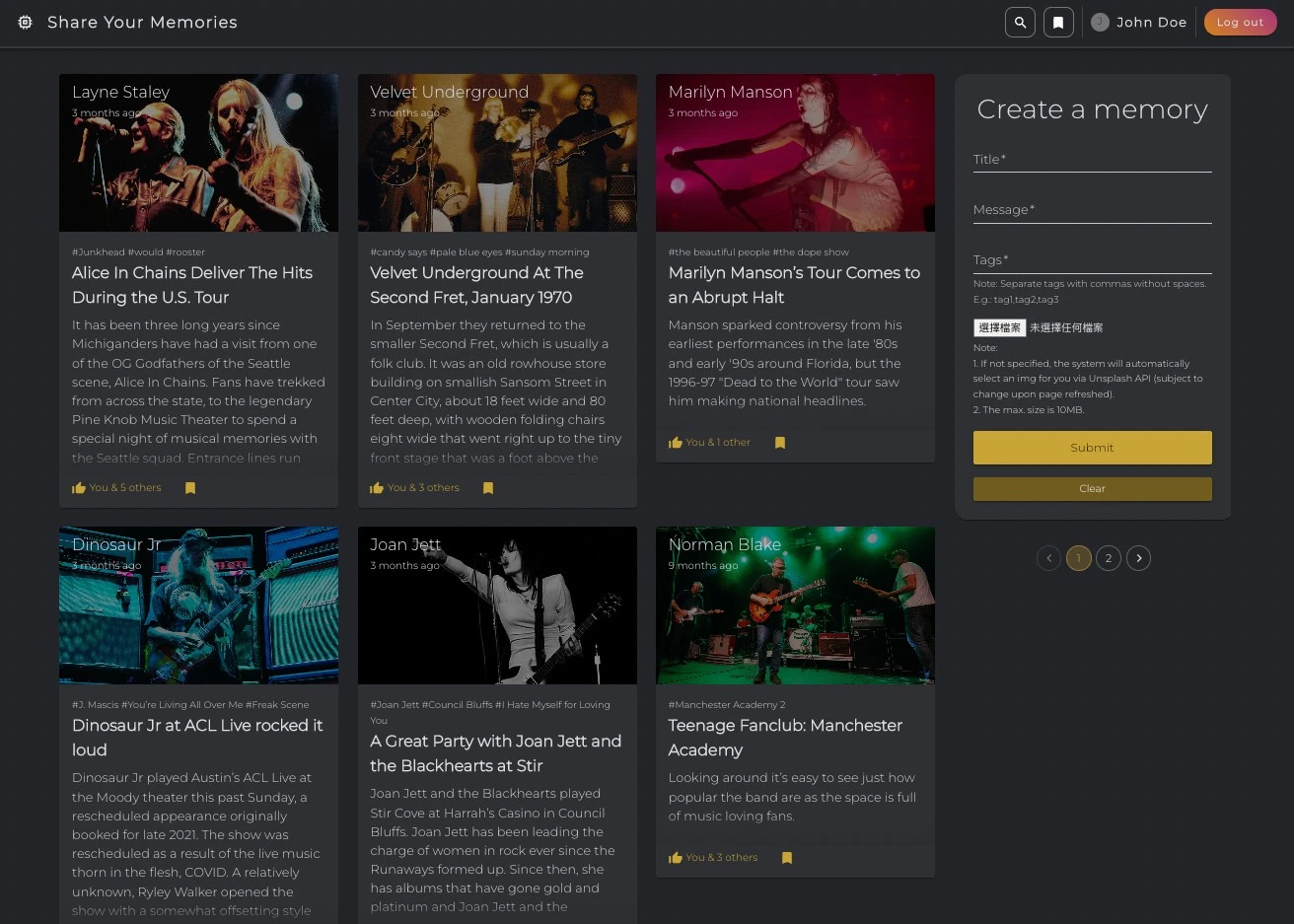 Web interface displaying a music memory-sharing platform with a dark theme. The layout features a header with the title 'Share Your Memories' and includes options for searching, bookmarks, profile, and logout. The main section shows a grid of memory cards, each with an image, title, hashtags, description, and a like count. The right sidebar includes a form labeled 'Create a memory' with fields for title, message, and tags, along with submit and clear buttons. Pagination is visible below the grid of memory cards.